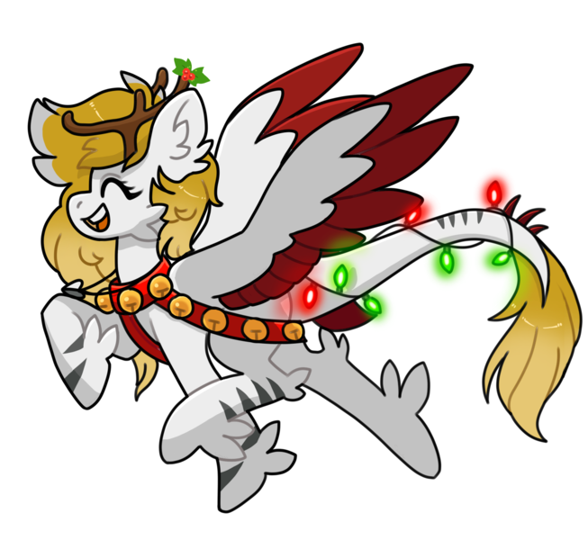 Size: 1500x1378 | Tagged: safe, artist:jess_eel, derpibooru import, oc, oc:silver hush, deer, pony, reindeer, clothes, costume, eyes closed, female, flying, happy, image, mare, outfit, png, simple background, smiling, solo, spread wings, transparent background, wings