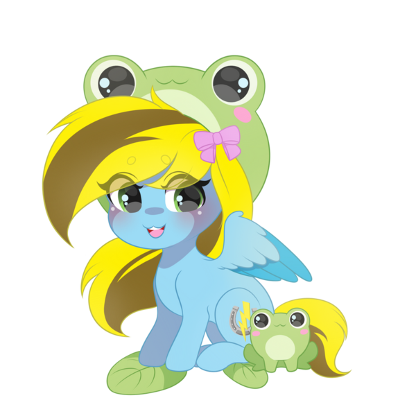 Size: 894x894 | Tagged: safe, artist:yomechka, derpibooru import, oc, oc:lucky bolt, unofficial characters only, frog, pegasus, pony, blushing, bow, cute, cutie mark, female, frog costume, hair bow, hat, image, looking at you, mare, png, smiling, smiling at you, solo