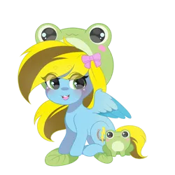 Size: 894x894 | Tagged: safe, artist:yomechka, derpibooru import, oc, oc:lucky bolt, unofficial characters only, frog, pegasus, pony, blushing, bow, cute, cutie mark, female, frog costume, hair bow, hat, image, looking at you, mare, png, smiling, smiling at you, solo