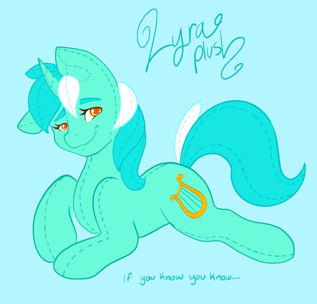 Size: 1550x1488 | Tagged: safe, artist:mscolorsplash, derpibooru import, lyra heartstrings, original species, plush pony, pony, unicorn, blue background, image, jpeg, looking at you, lying down, lyra plushie, plushie, prone, simple background, smiling, smiling at you, solo, text