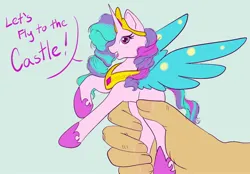 Size: 2048x1422 | Tagged: safe, artist:mscolorsplash, derpibooru import, princess celestia, alicorn, human, pony, green background, hand, image, jpeg, let's fly to the castle, offscreen character, pinklestia, simple background, solo, toy