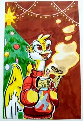 Size: 2452x3588 | Tagged: safe, artist:rapapaya, derpibooru import, derpy hooves, oc, oc:beaky, unofficial characters only, cheetah, gryphon, fanfic:yellow feathers, beak, chocolate, christmas, christmas lights, christmas tree, clothes, derpibooru exclusive, food, griffon oc, happy, high res, holiday, hot chocolate, image, jpeg, male, steam, sweater, traditional art, tree, wings
