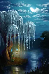 Size: 1920x2880 | Tagged: safe, artist:helmie-art, derpibooru import, pony, unicorn, ambiguous gender, cattails, cloud, green fur, image, lantern, moon, night, no face, png, reeds, reflection, sky, solo, tree, water, willow