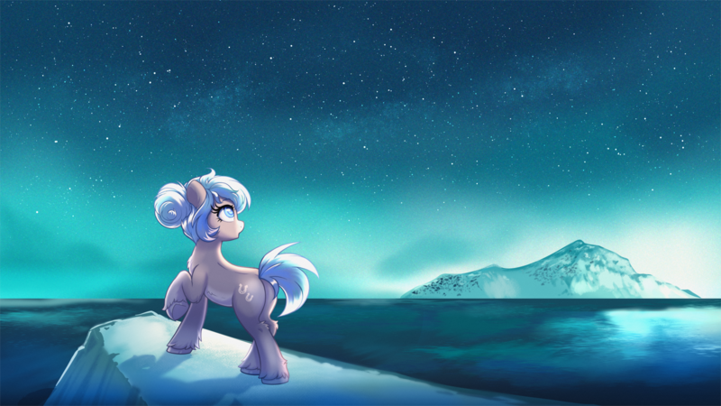 Size: 3840x2160 | Tagged: safe, artist:confetticakez, derpibooru import, oc, oc:snow shoes, unofficial characters only, pony, taiga pony, aurora borealis, iceberg, image, night, night sky, ocean, png, sky, solo, stars, water