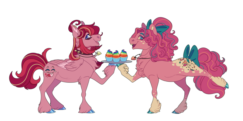 Size: 3000x1500 | Tagged: safe, artist:uunicornicc, derpibooru import, pinkie pie, oc, oc:sweet breads, earth pony, pegasus, pony, alternate design, alternate universe, bow, choker, coat markings, colored hooves, commission, cupcake, duo, duo male and female, female, folded wings, food, freckles, hair bow, heart necklace, hoof hold, image, jewelry, kinsona, male, mare, necklace, open mouth, plate, png, ponytail, rainbow cupcake, simple background, small wings, smiling, spiked choker, stallion, transparent background, unshorn fetlocks, wings