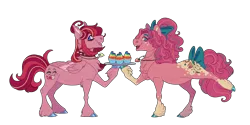 Size: 3000x1500 | Tagged: safe, artist:uunicornicc, derpibooru import, pinkie pie, oc, oc:sweet breads, earth pony, pegasus, pony, alternate design, alternate universe, bow, choker, coat markings, colored hooves, commission, cupcake, duo, duo male and female, female, folded wings, food, freckles, hair bow, heart necklace, hoof hold, image, jewelry, kinsona, male, mare, necklace, open mouth, plate, png, ponytail, rainbow cupcake, simple background, small wings, smiling, spiked choker, stallion, transparent background, unshorn fetlocks, wings