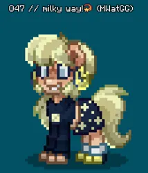 Size: 335x392 | Tagged: safe, derpibooru import, ponified, earth pony, pony, pony town, clothes, ear piercing, earring, female, image, jewelry, mare, milky way (milky way and the galaxy girls), milky way and the galaxy girls, piercing, png, shoes, skirt, smiling, stars, sweater, text