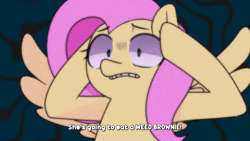 Size: 1280x720 | Tagged: safe, artist:makaryo, artist:punkittdev, derpibooru import, fluttershy, pinkie pie, earth pony, pegasus, pony, animated, brownie, comic, dialogue, drug use, drugs, duo, eating, female, flutterhigh, high, image, mare, marijuana, speech bubble, thought bubble, toy, voice acting, vulgar, webm