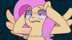 Size: 1920x1080 | Tagged: safe, artist:makaryo, artist:punkittdev, derpibooru import, applejack, fluttershy, pinkie pie, earth pony, pegasus, pony, absurd file size, animated, brownie, comic, dialogue, drug use, drugs, duo, eating, female, flutterhigh, high, image, mare, marijuana, speech bubble, thought bubble, toy, voice acting, vulgar, webm