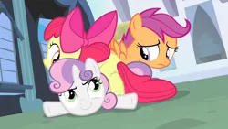 Size: 1280x720 | Tagged: safe, derpibooru import, screencap, apple bloom, scootaloo, sweetie belle, earth pony, pegasus, pony, unicorn, for whom the sweetie belle toils, season 4, cutie mark crusaders, female, filly, foal, image, oops, png, trio, trio female