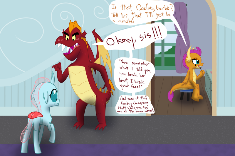 Size: 1500x1000 | Tagged: safe, artist:mightyshockwave, derpibooru import, garble, ocellus, smolder, dialogue, female, image, lesbian, makeup, png, school of friendship, shipping, smolcellus