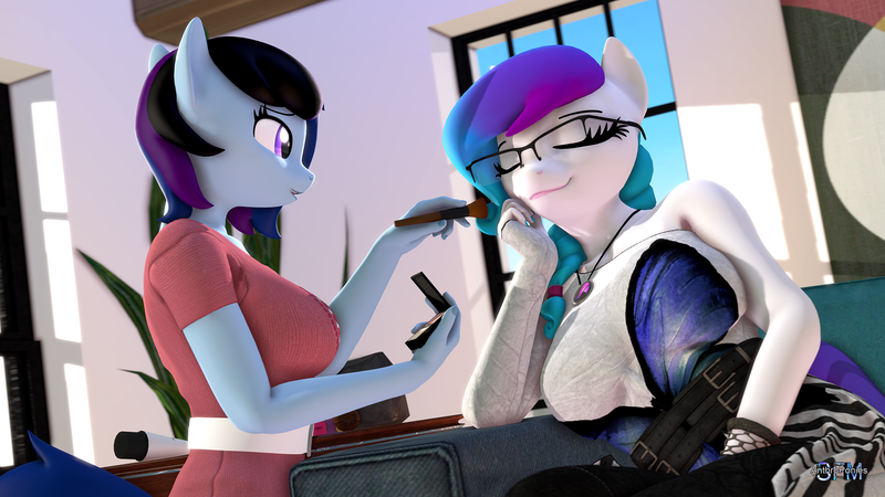 Size: 1920x1080 | Tagged: safe, artist:anthroponiessfm, derpibooru import, oc, oc:aurora starling, oc:maple cake, anthro, 3d, anthro oc, cute, eyes closed, female, glasses, image, looking at someone, makeup, png, smiling, source filmmaker, wholesome