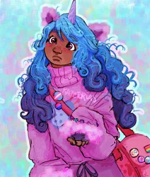 Size: 1800x2123 | Tagged: safe, artist:katetorias, derpibooru import, izzy moonbow, human, autism, bag, bisexual pride flag, blushing, cat ears, clothes, cute, cutie mark, cutie mark on clothes, dark skin, g5, horn, horned humanization, humanized, image, izzybetes, jpeg, moderate dark skin, pants, pride, pride flag, sweater, sweatpants, transgender, transgender pride flag