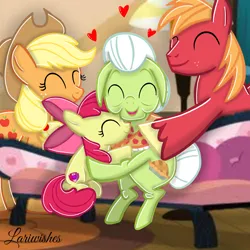 Size: 1300x1300 | Tagged: safe, artist:mlplary6, derpibooru import, apple bloom, applejack, big macintosh, granny smith, earth pony, pony, apple family, eyes closed, family, female, filly, foal, grandmother and grandchild, heart, hug, image, male, mare, older, png, siblings, sitting, smiling, stallion