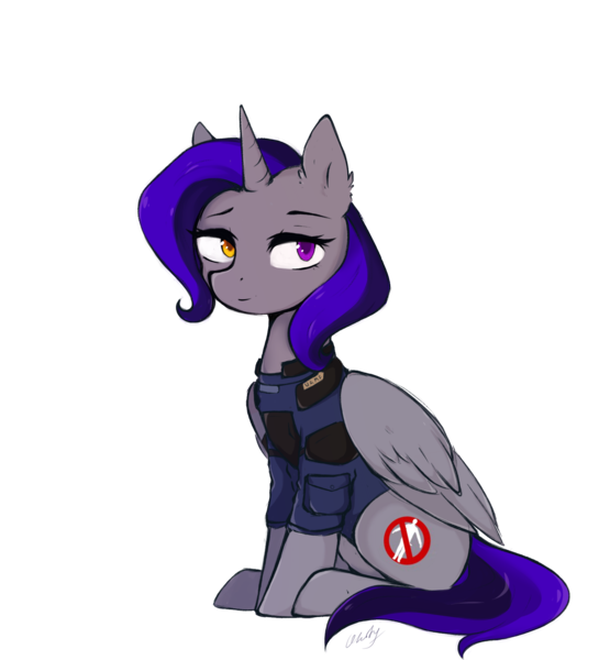 Size: 1817x1965 | Tagged: safe, artist:okity, derpibooru import, oc, oc:dinky moon, unofficial characters only, alicorn, pony, armor, clothes, female, gray, heterochromia, horn, image, mare, military uniform, png, purple eyes, purple hair, security armor, simple background, solo, transparent background, uniform, wings, yellow eyes