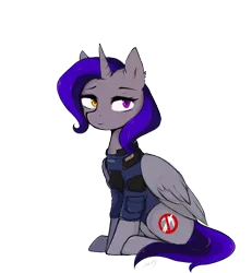 Size: 1817x1965 | Tagged: safe, artist:okity, derpibooru import, oc, oc:dinky moon, unofficial characters only, alicorn, pony, armor, clothes, female, gray, heterochromia, horn, image, mare, military uniform, png, purple eyes, purple hair, security armor, simple background, solo, transparent background, uniform, wings, yellow eyes