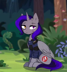 Size: 1817x1965 | Tagged: safe, artist:okity, derpibooru import, oc, oc:dinky moon, unofficial characters only, alicorn, pony, armor, clothes, female, gray, heterochromia, horn, image, jpeg, mare, military uniform, purple eyes, purple hair, security armor, uniform, wings, yellow eyes