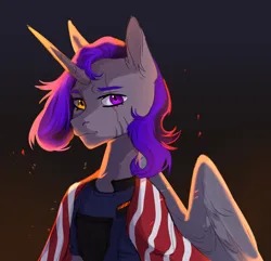 Size: 2238x2160 | Tagged: safe, artist:cutepoltergeist, derpibooru import, oc, oc:dinky moon, unofficial characters only, alicorn, pony, armor, female, gray, heterochromia, horn, image, mare, png, purple eyes, purple hair, security armor, wings, yellow eyes