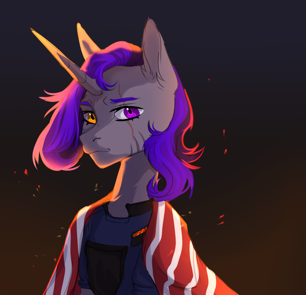 Size: 2238x2160 | Tagged: safe, artist:cutepoltergeist, derpibooru import, oc, oc:dinky moon, unofficial characters only, alicorn, pony, armor, female, gray, heterochromia, horn, image, mare, png, purple eyes, purple hair, security armor, yellow eyes