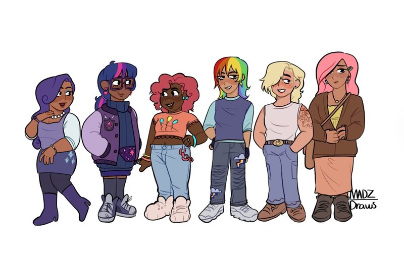 Size: 1947x1279 | Tagged: safe, artist:madzdraws, derpibooru import, applejack, fluttershy, pinkie pie, rainbow dash, rarity, twilight sparkle, human, bag, belt, blackwashing, bracelet, clothes, cutie mark, cutie mark on clothes, dark skin, denim, ear piercing, earring, fanny pack, humanized, image, jacket, jeans, jewelry, jpeg, light skin, mane six, moderate dark skin, necklace, pants, piercing, shirt, shoes, skirt, sneakers, sweater, t-shirt, tan skin, tattoo, turtleneck, wifebeater