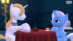 Size: 3413x1920 | Tagged: safe, artist:gradiusfanatic, derpibooru import, prince blueblood, trixie, pony, unicorn, 3d, bluetrix, cake, canterlot, cup, female, food, high res, image, male, mare, png, shipping, source filmmaker, stallion, straight, table, teacup