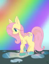 Size: 921x1185 | Tagged: safe, artist:pagophasia, derpibooru import, fluttershy, pegasus, pony, colored hooves, daytime, derpibooru exclusive, eye reflection, female, full body, image, impossibly long eyelashes, looking down, png, puddle, rainbow, raised hoof, reflection, ripples, solo, unshorn fetlocks, water, wings