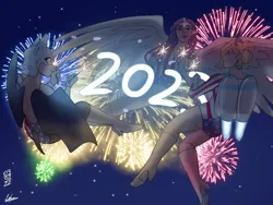 Size: 1024x768 | Tagged: safe, artist:sprong-lhama, derpibooru import, rarity, anthro, bat, elf, human, 2023, american flag, clothes, fireworks, flag, floating, flying, happy, happy new year, holiday, humanized, image, jetpack, jpeg, leotard, looking at each other, looking at someone, new year, night, princess rosalina, rosalina, rouge the bat, smiling, sonic the hedgehog (series), super mario bros., winged humanization, wings