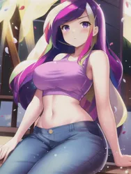 Size: 512x682 | Tagged: suggestive, derpibooru import, editor:sammykun, machine learning generated, novelai, stable diffusion, princess cadance, human, adorasexy, angry, cadance is not amused, clothes, cute, denim, female, humanized, image, jeans, jpeg, looking at you, midriff, pants, pouting, sexy, shirt, sitting, solo, solo female, tanktop, unamused