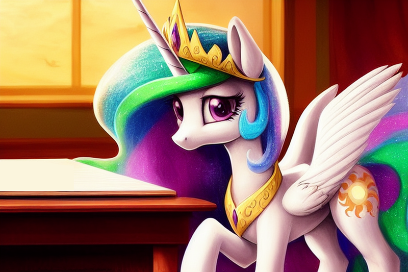 Size: 1920x1280 | Tagged: safe, derpibooru import, editor:dovakkins, machine learning generated, prompter:dovakkins, stable diffusion, princess celestia, alicorn, pony, beautiful, cute, female, image, jewelry, looking at you, mouthless, no mouth, png, raised hoof, solo, sparkly mane, sparkly tail, spread wings, tail, wings