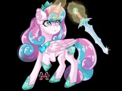 Size: 1024x768 | Tagged: safe, artist:_niveria_, derpibooru import, princess flurry heart, alicorn, pony, female, image, jpeg, mare, older, older flurry heart, simple background, solo, sword, weapon