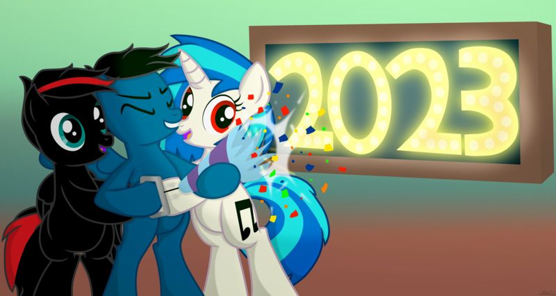 Size: 12384x6600 | Tagged: safe, artist:agkandphotomaker2000, derpibooru import, vinyl scratch, oc, oc:arnold the pony, oc:pony video maker, pegasus, pony, unicorn, 2023, bipedal, canon x oc, confetti, female, folded wings, happy new year, happy new year 2023, holiday, image, male, neon, neon sign, open mouth, party popper, png, red and black mane, red and black oc, red eyes, shipping, show accurate, simple background, smiling, spread wings, straight, videoscratch, wings