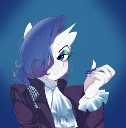 Size: 1853x1887 | Tagged: safe, artist:aztrial, derpibooru import, rarity, anthro, unicorn, spoiler:comic67, 80's fashion, 80s, 80s hair, alternate hairstyle, clothes, eyeshadow, hair over one eye, image, jacket, looking at you, makeup, nail polish, png, prince (musician), ruffled shirt, ruffles, solo