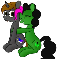 Size: 2792x2875 | Tagged: safe, artist:rainbowšpekgs, derpibooru import, oc, oc:funnygamer95, oc:toxicpie, unofficial characters only, earth pony, pony, unicorn, derpibooru community collaboration, 2023 community collab, eyes closed, glasses, image, png, sitting, smiling