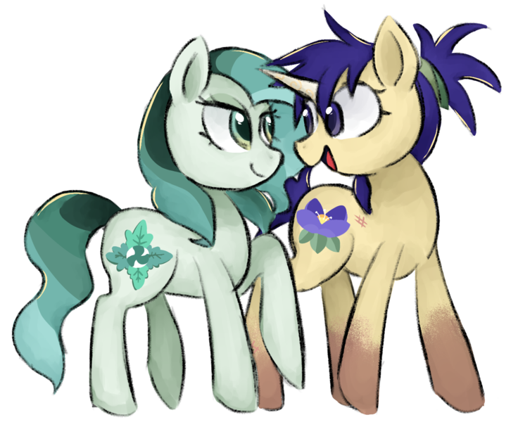 Size: 1215x1004 | Tagged: safe, artist:metaruscarlet, derpibooru import, oc, oc:iris sparkler, oc:spring mint, unofficial characters only, earth pony, pony, unicorn, derpibooru community collaboration, 2023 community collab, duo, female, image, looking at each other, looking at someone, mare, open mouth, png, raised hoof, simple background, transparent background