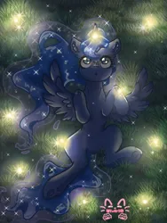 Size: 768x1024 | Tagged: safe, artist:_niveria_, derpibooru import, princess luna, alicorn, firefly (insect), insect, pony, female, grass, image, lying down, mare, on back, png, solo, underhoof