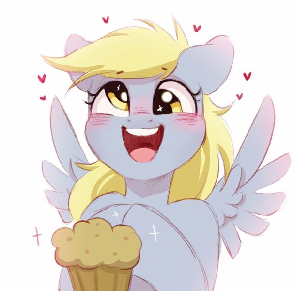 Size: 1003x991 | Tagged: safe, artist:melodylibris, derpibooru import, derpy hooves, pegasus, pony, blushing, cute, derpabetes, ear blush, female, food, happy, image, jpeg, looking at you, mare, muffin, open mouth, open smile, simple background, smiling, smiling at you, solo, spread wings, that pony sure does love muffins, white background, wings