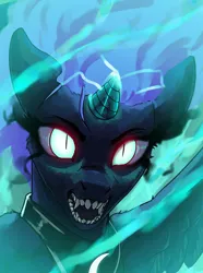 Size: 3120x4200 | Tagged: safe, artist:neither, derpibooru import, nightmare moon, fanfic:moonlit stranding, evil, glow, glowing horn, horn, image, png, sharp teeth, solo, teeth