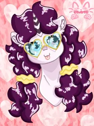 Size: 768x1024 | Tagged: safe, artist:_niveria_, derpibooru import, oc, oc:niveria, unofficial characters only, pony, :p, bust, ear fluff, glasses, heart shaped glasses, heterochromia, horn, image, patterned background, png, tongue out