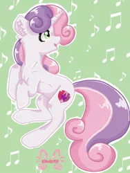 Size: 768x1024 | Tagged: safe, artist:_niveria_, derpibooru import, sweetie belle, pony, unicorn, blushing, ear fluff, female, green background, image, jpeg, mare, older, older sweetie belle, outline, patterned background, simple background, smiling, solo, watermark, white outline
