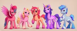 Size: 5000x2000 | Tagged: safe, artist:luminousdazzle, derpibooru import, hitch trailblazer, izzy moonbow, pipp petals, sunny starscout, zipp storm, earth pony, pegasus, pony, unicorn, blank flank, curly hair, feathered fetlocks, female, frown, g5, goggles, gradient hooves, high res, image, looking at you, male, mane five (g5), mare, markings, png, simple background, smiling, splotches, stallion, unshorn fetlocks, what could have been