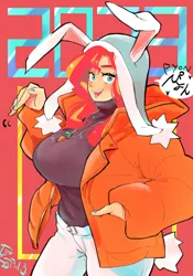 Size: 1400x2000 | Tagged: safe, artist:sozglitch, derpibooru import, sunset shimmer, human, 2023, big breasts, breasts, bunny ears, busty sunset shimmer, cap, clothes, hand in pocket, happy new year, happy new year 2023, hat, holiday, huge breasts, humanized, image, jacket, jpeg, looking at you, smiling, smiling at you, solo, year of the rabbit