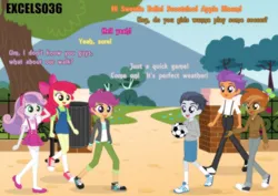 Size: 1120x792 | Tagged: safe, artist:excelso36, derpibooru import, apple bloom, button mash, rumble, scootaloo, sweetie belle, tender taps, human, equestria girls, ball, casual, clothes, commission, dialogue, football, humanized, image, park, png, shoes, sports, suspenders, trash can, walking