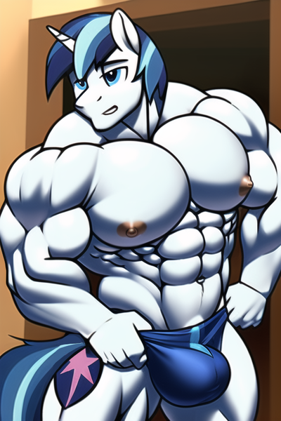 Size: 512x768 | Tagged: suggestive, derpibooru import, machine learning generated, novelai, stable diffusion, shining armor, anthro, unicorn, crotch bulge, fetish, image, male, male nipples, muscle fetish, muscles, muscular male, nipples, nudity, png, solo, solo male, swelling armor