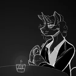 Size: 1000x1000 | Tagged: safe, artist:dsstoner, derpibooru import, fancypants, pony, unicorn, candle, candlelight, clothes, image, male, monochrome, png, solo, solo male, stallion, stressed, suit, watch