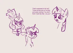 Size: 800x582 | Tagged: safe, artist:anonymous, twilight sparkle, pig, pony, /mlp/, bust, collar, comparison, cream background, disgusted, drawthread, glasses, image, monochrome, png, scared, solo, twitterina design
