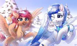 Size: 3500x2090 | Tagged: safe, artist:hakaina, derpibooru import, oc, unofficial characters only, pegasus, pony, belly, belly fluff, blue eyes, cheek fluff, chest fluff, chin fluff, clothes, coat markings, colored, colored wings, cute, duo, ear fluff, eyebrows, eyelashes, facial markings, female, fluffy, gradient wings, high res, hoof fluff, hoof hold, hooves, image, leg fluff, lighting, looking at each other, looking at someone, male, mare, ocbetes, one eye closed, open mouth, pale belly, partially open wings, pegasus oc, playing, png, pony pegasus, rearing, scarf, shading, shadow, signature, sky, slim, smiling, snow, snowball, snowball fight, socks (coat marking), spread wings, stallion, teeth, thin, tree, unshorn fetlocks, wing fluff, wings, wink, winter