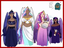 Size: 1024x768 | Tagged: safe, artist:sprong-lhama, derpibooru import, princess cadance, princess celestia, princess flurry heart, princess luna, queen chrysalis, twilight sparkle, twilight sparkle (alicorn), alicorn, human, alicorn tetrarchy, baby, belly button, bisexual pride flag, blackwashing, breasts, bust, cleavage, clothes, dark skin, dress, elf ears, female, headcanon in the description, humanized, image, jpeg, lesbian pride flag, midriff, mother and child, mother and daughter, pansexual pride flag, pride, pride flag, royal sisters, scroll, siblings, sisters, winged humanization, wings
