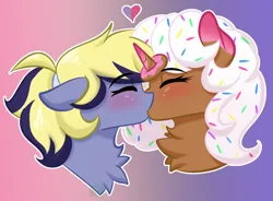 Size: 1340x985 | Tagged: safe, artist:move, derpibooru import, oc, oc:donut daydream, oc:star hunter, unofficial characters only, pegasus, pony, unicorn, blushing, donut, duo, duo female, eyes closed, female, food, heart, horn, image, kissing, mare, pegasus oc, png, simple background, unicorn oc, wings