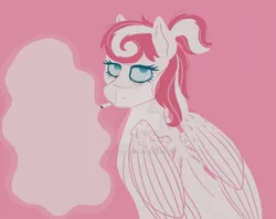 Size: 1280x1014 | Tagged: safe, artist:cherrycandi, derpibooru import, oc, oc:candy care, pegasus, pony, bags under eyes, cigarette, deviantart watermark, folded wings, image, jpeg, lineless, messy mane, obtrusive watermark, simple background, smoke, solo, watermark, wings