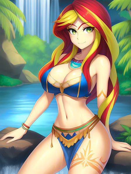 Size: 1020x1360 | Tagged: suggestive, derpibooru import, editor:sammykun, machine learning generated, novelai, stable diffusion, sunset shimmer, beautiful, belly button, bracelet, breasts, busty sunset shimmer, clothes, female, image, jewelry, jungle, loincloth, looking at you, midriff, palm tree, plant, plants, png, pond, rock, scenery, sexy, smiling, smiling at you, solo, solo female, stupid sexy sunset shimmer, tattoo, tree, tribal, tribal markings, tropical, water, waterfall